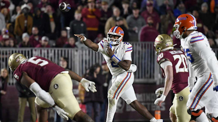 Nov 30, 2024; Tallahassee, Florida, USA; Florida Gators quarterback DJ Lagway (2) passes the ball during the first half of the game against the Florida State Seminoles at Doak S. Campbell Stadium. Mandatory Credit: Melina Myers-Imagn Images