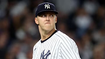 Sep 22, 2022; Bronx, New York, USA; New York Yankees starting pitcher Jameson Taillon (50) reacts during the third inning against the Boston Red Sox at Yankee Stadium. Mandatory Credit: Brad Penner-Imagn Images