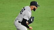 Aug 20, 2025; St. Petersburg, Florida, USA; New York Yankees relief pitcher Devin Williams (38) reacts after getting the last out against the Tampa Bay Rays  at George M. Steinbrenner Field. Mandatory Credit: Jonathan Dyer-Imagn Images