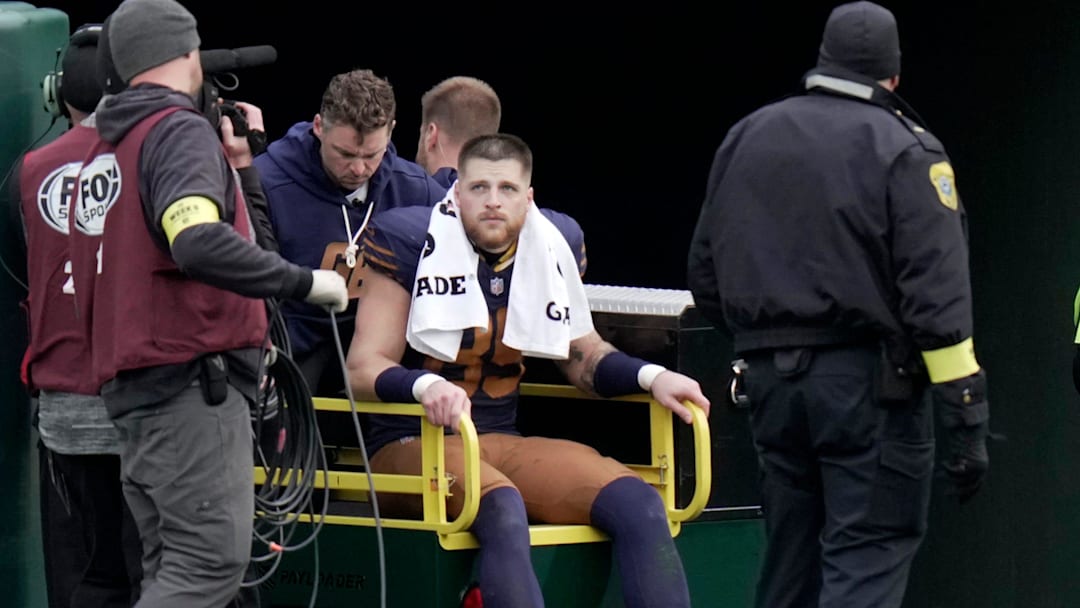 Injured Green Bay Packers tight end Tucker Kraft (85) is carted off the field during the third quarter of their game against the Carolina Panthers Sunday, November 2, 2025 at Lambeau Field in Green Bay, Wisconsin.