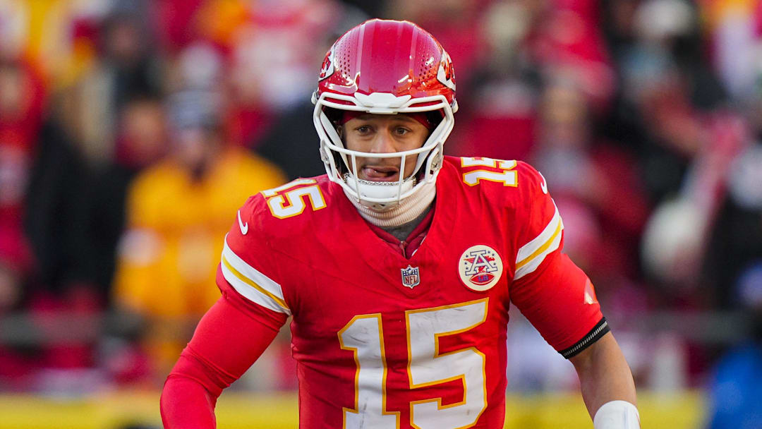 Dec 14, 2025; Kansas City, Missouri, USA; Kansas City Chiefs quarterback Patrick Mahomes (15) runs the ball during the second half against the Los Angeles Chargers at GEHA Field at Arrowhead Stadium. Mandatory Credit: Jay Biggerstaff-Imagn Images