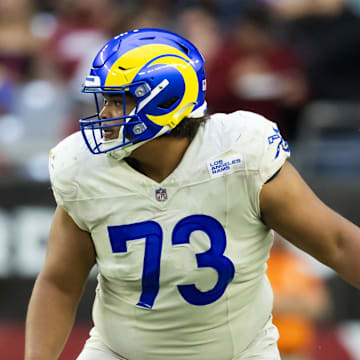 Nov 26, 2023; Glendale, Arizona, USA; Los Angeles Rams guard Steve Avila (73) against the Arizona Cardinals at State Farm Stadium. Mandatory Credit: Mark J. Rebilas-Imagn Images