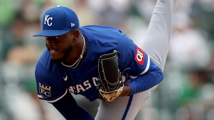Sep 28, 2025; West Sacramento, California, USA; Kansas City Royals pitcher Luinder Avila (58) throws a pitch against the Athletics during the ninth inning  at Sutter Health Park. Mandatory Credit: Dennis Lee-Imagn Images