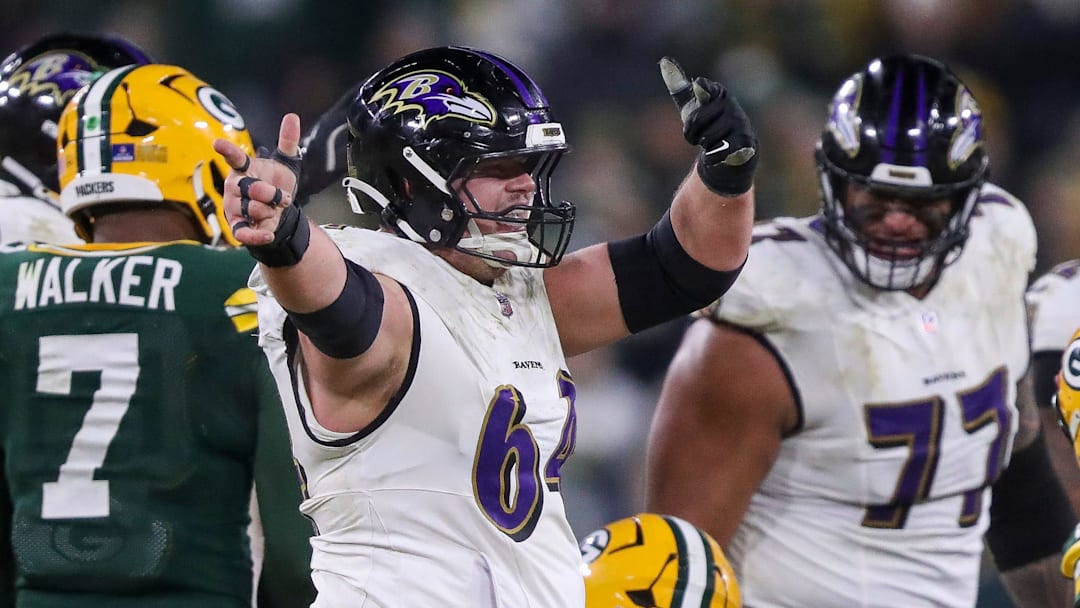 Baltimore Ravens center Tyler Linderbaum (64) reacts after a defensive penalty against the Green Bay Packers gives the Ravens a first down on Saturday, December 27, 2025, at Lambeau Field in Green Bay, Wis. The Ravens won the game, 41-24.
Tork Mason/USA TODAY NETWORK-Wisconsin