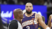 Dec 5, 2025; Houston, Texas, USA; Phoenix Suns forward Dillon Brooks (3) reacts in front of a referee during the first quarter against the Houston Rockets at Toyota Center. Mandatory Credit: Troy Taormina-Imagn Images