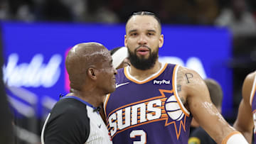 Dec 5, 2025; Houston, Texas, USA; Phoenix Suns forward Dillon Brooks (3) reacts in front of a referee during the first quarter against the Houston Rockets at Toyota Center. Mandatory Credit: Troy Taormina-Imagn Images
