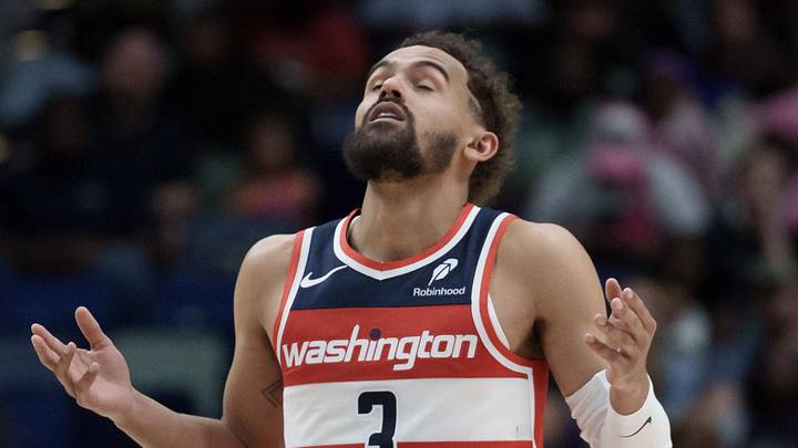 Mar 8, 2026; New Orleans, Louisiana, USA; Washington Wizards guard Trae Young (3) reacts after a three-point basket against the New Orleans Pelicans during the first half at Smoothie King Center. Mandatory Credit: Matthew Hinton-Imagn Images