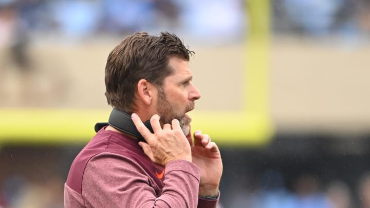 Oct 1, 2022; Chapel Hill, North Carolina, USA; Virginia Tech Hokies head coach Brent Pry in the first quarter at Kenan Memorial Stadium. Mandatory Credit: Bob Donnan-USA TODAY Sports