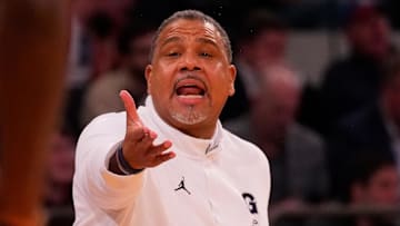 Mar 13, 2024; New York City, NY, USA;  Georgetown Hoyas head coach Ed Cooley against Providence during the first half at Madison Square Garden. Mandatory Credit: Robert Deutsch-Imagn Images