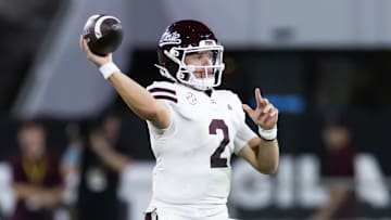 Sep 7, 2024; Tempe, Arizona, USA; Mississippi State Bulldogs quarterback Blake Shapen (2) against the Arizona State Sun Devils at Mountain America Stadium. Mandatory Credit: Mark J. Rebilas-Imagn Images