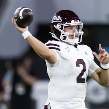 Sep 7, 2024; Tempe, Arizona, USA; Mississippi State Bulldogs quarterback Blake Shapen (2) against the Arizona State Sun Devils at Mountain America Stadium. Mandatory Credit: Mark J. Rebilas-Imagn Images