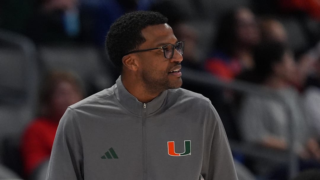 Mar 13, 2026; Charlotte, NC, USA; Miami (FL) Hurricanes head coach Jai Lucas during the first half against the Virginia Cavaliers at Spectrum Center. Mandatory Credit: Jim Dedmon-Imagn Imagesa