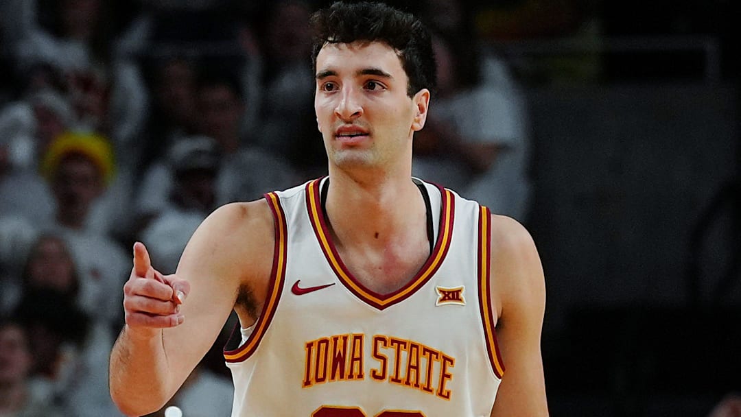 Iowa State Cyclones forward Milan Momcilovic (22) reacts after a three-point shot against Baylor during the first half in the Big-12 men’s basketball on Feb. 7, 2026, at Hilton Coliseum in Ames, Iowa