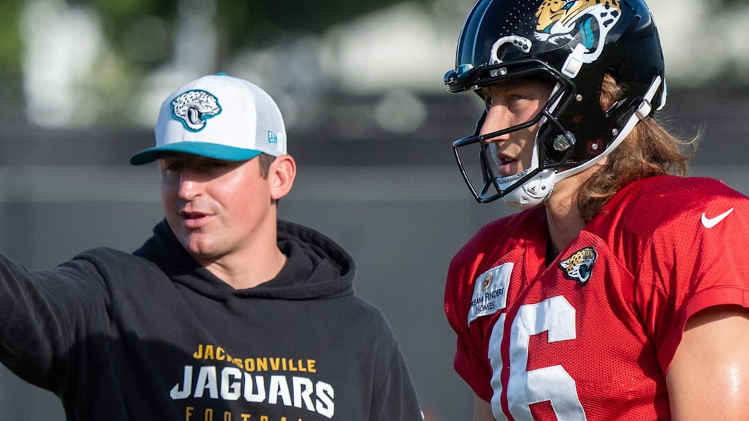 Jaguars Offensive Coordinator Grant Udinski talks with Jacksonville Jaguars quarterback Trevor Lawrence (16) during the Jaguars 14th NFL training camp session at Miller Electric Center Tuesday August 12, 2025 in Jacksonville, Fla. The Jaguars travel to New Orleans to play the Saints this Sunday in their second preseason game. Jaguars Offensive Coordinator Grant Udinski talks with Jacksonville Jaguars quarterback Trevor Lawrence (16) during the Jaguars 14th NFL training camp session at Miller Electric Center Tuesday August 12, 2025 in Jacksonville, Fla. The Jaguars travel to New Orleans to play the Saints this Sunday in their second preseason game.