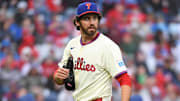 Apr 6, 2025; Philadelphia, Pennsylvania, USA; Philadelphia Phillies pitcher Jordan Romano (68) walks off the mound after being removed from the game during the seventh inning against the Los Angeles Dodgers at Citizens Bank Park.