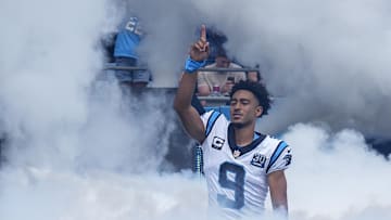Sep 15, 2024; Charlotte, North Carolina, USA; Carolina Panthers quarterback Bryce Young (9) takes the field against the Los Angeles Chargers during the first quarter at Bank of America Stadium. Mandatory Credit: Jim Dedmon-Imagn Images