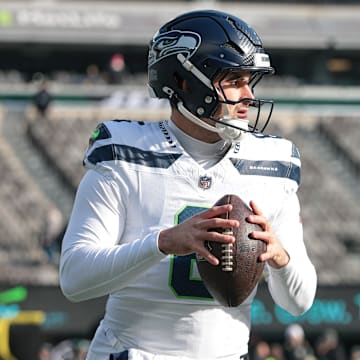 Dec 1, 2024; East Rutherford, New Jersey, USA; Seattle Seahawks quarterback Sam Howell (6) warms up before the game against the New York Jets before the game at MetLife Stadium.