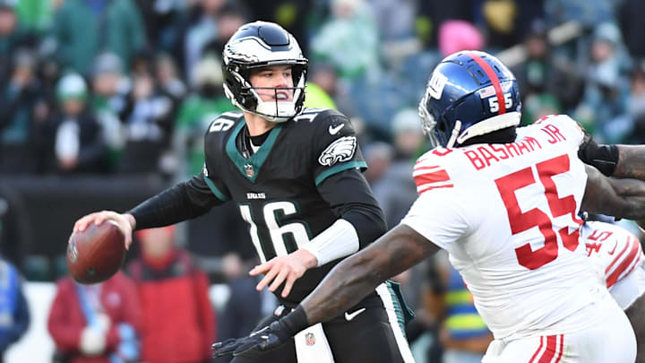 Philadelphia Eagles quarterback Tanner McKee (16) throws a pass during the fourth quarter against the New York Giants 