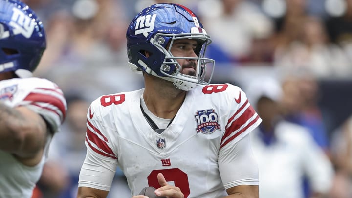 Aug 17, 2024; Houston, Texas, USA; New York Giants quarterback Daniel Jones (8) in action during the game against the Houston Texans at NRG Stadium.  