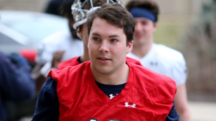 Notre Dame quarterback Riley Leonard (13) at Notre Dame spring football practice Thursday, March 7, 2024, at the Irish Athletics Center in South Bend.