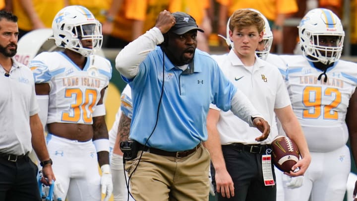 Sep 16, 2023; Waco, Texas, USA;  Long Island Sharks head coach Ron Cooper reacts to a play against the Baylor Bears during the first half at McLane Stadium. Mandatory Credit: Chris Jones-USA TODAY Sports