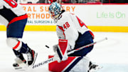 Apr 2, 2025; Raleigh, North Carolina, USA;  Washington Capitals goaltender Logan Thompson (48) stops a shot against the Carolina Hurricanes during the first period at Lenovo Center. Mandatory Credit: James Guillory-Imagn Images