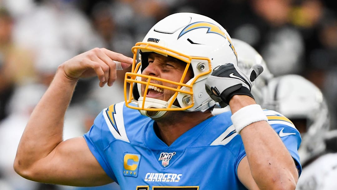 Chargers quarterback Philip Rivers shows his frustration on a play call during the fourth quarter against the Raiders