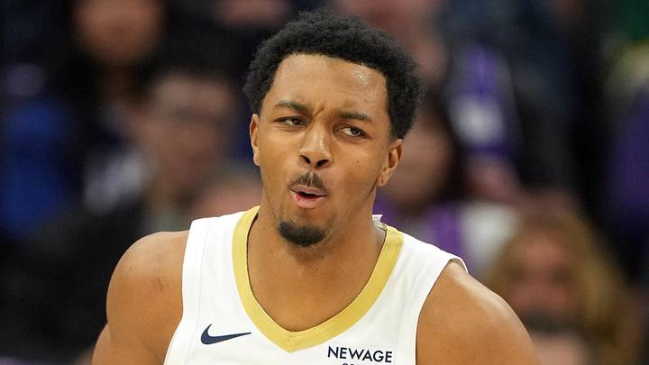 New Orleans Pelicans forward Trey Murphy III (25) reacts after dunking against the Sacramento Kings during the third quarter at Golden 1 Center on Apr 3, 2026.