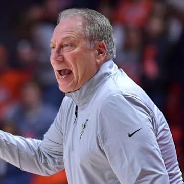 Feb 15, 2025; Champaign, Illinois, USA;  Michigan State Spartans head coach Tom Izzo during the first half against the Illinois Fighting Illini at State Farm Center. Mandatory Credit: Ron Johnson-Imagn Images