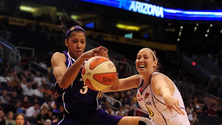 June 4, 2010; Phoenix, AZ, USA; Los Angeles Sparks forward Candace Parker (3) loses the ball against defender Phoenix Mercury forward Nicole Ohlde  during the first half in at US Airways Center.  Mandatory Credit: Jennifer Stewart-Imagn Images