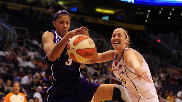 June 4, 2010; Phoenix, AZ, USA; Los Angeles Sparks forward Candace Parker (3) loses the ball against defender Phoenix Mercury forward Nicole Ohlde during the first half at US Airways Center.  Mandatory Credit: Jennifer Stewart-Imagn Images