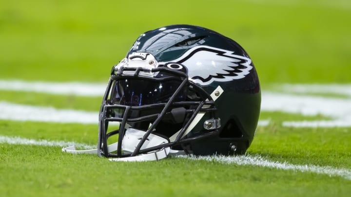 Oct 9, 2022; Glendale, Arizona, USA; Detailed view of a Philadelphia Eagles helmet at State Farm Stadium. Mandatory Credit: Mark J. Rebilas-USA TODAY Sports