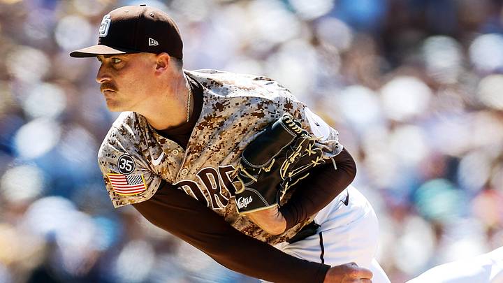 Jun 7, 2026; San Diego, California, USA; San Diego Padres relief pitcher Ron Marinaccio (97) throws a pitch during the seventh inning against the New York Mets at Petco Park. Mandatory Credit: David Frerker-Imagn Images