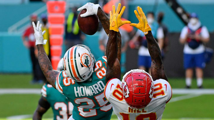 Miami Dolphins cornerback Xavien Howard (25) makes a one handed catch to intercept a pass intended for Kansas City Chiefs wide receiver Tyreek Hill (10) during the second half at Hard Rock Stadium in 2020.