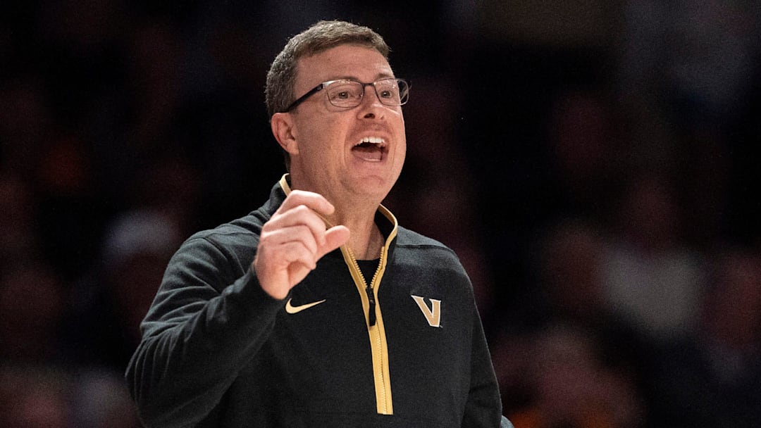 Vanderbilt Commodores Head Coach Mark Byington works the sideline against the Tennessee Volunteers during their game at Memorial Gym in Nashville, Tenn., Saturday, Jan. 18, 2025.