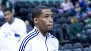 Feb 25, 2015; Salt Lake City, UT, USA; Utah Jazz guard Bryce Cotton (8) during warm-ups prior to the game against the Los Angeles Lakers at EnergySolutions Arena. The Lakers won 100-97. Mandatory Credit: Russ Isabella-Imagn Images