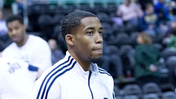 Feb 25, 2015; Salt Lake City, UT, USA; Utah Jazz guard Bryce Cotton (8) during warm-ups prior to the game against the Los Angeles Lakers at EnergySolutions Arena. The Lakers won 100-97. Mandatory Credit: Russ Isabella-Imagn Images