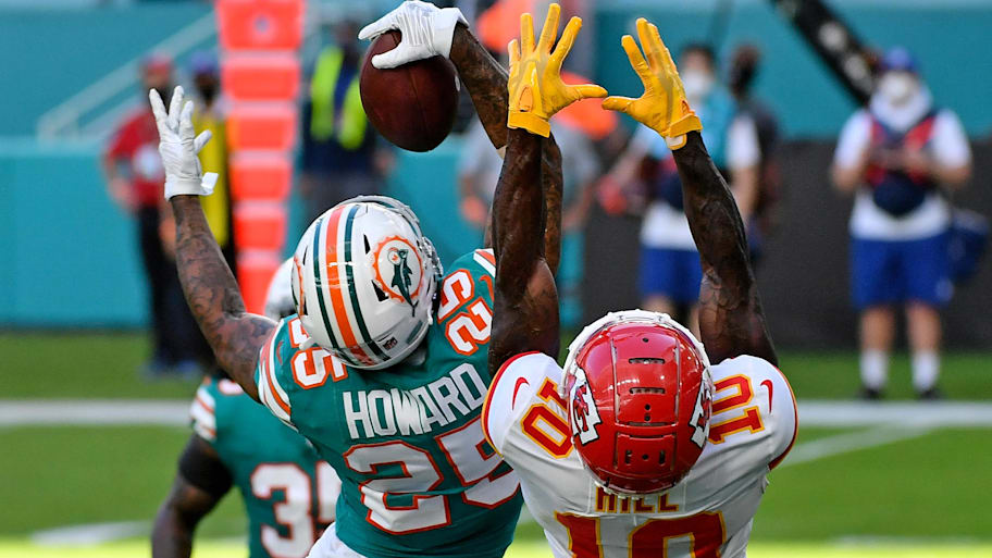 Miami Dolphins cornerback Xavien Howard (25) makes a one handed catch to intercept a pass intended for Kansas City Chiefs wide receiver Tyreek Hill (10) during the second half at Hard Rock Stadium in 2020. | Jasen Vinlove-Imagn Images