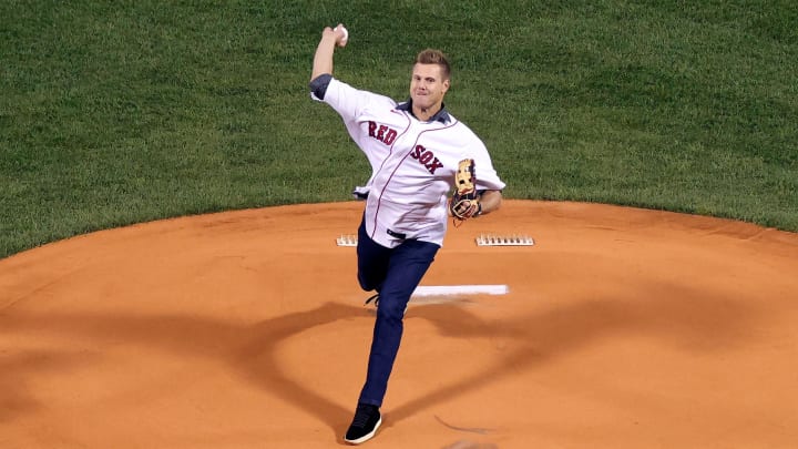 Oct 18, 2021; Boston, Massachusetts, USA; Former Boston Red Sox pitcher Jonathan Papelbon throws a