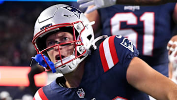 Aug 8, 2025; Foxborough, Massachusetts, USA; New England Patriots wide receiver Efton Chism III (86) reacts after scoring a touchdown against the Washington Commanders during the second half at Gillette Stadium. Mandatory Credit: Brian Fluharty-Imagn Images