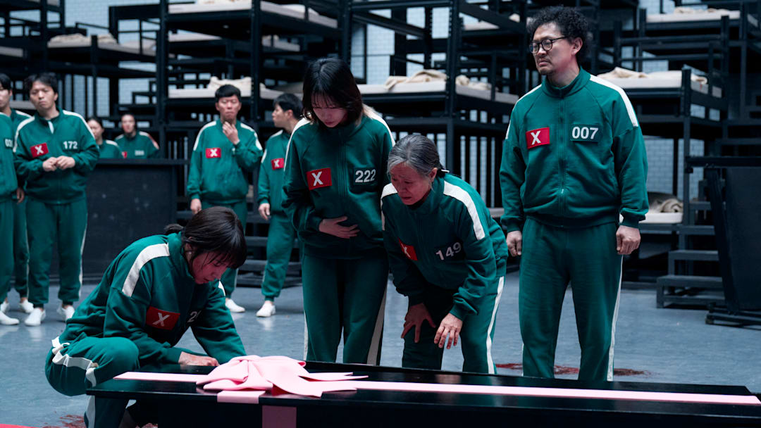 Park Sung-hoon as Cho Hyun-ju, Jo Yu-ri as Kim Jun-hee, Kang Ae-sim as Jang Geum-ja, Yang Dong-geun as Park Yong-sik in Squid Game season 3