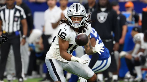 Las Vegas Raiders wide receiver Jakobi Meyers (16) makes a catch against the Indianapolis Colts.
