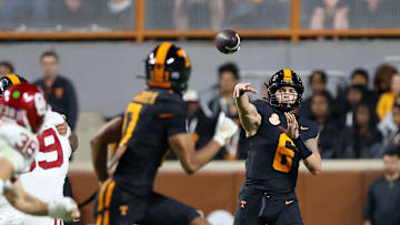 Nov 1, 2025; Knoxville, Tennessee, USA; Tennessee Volunteers quarterback Joey Aguilar (6) passes the ball against the Oklahoma Sooners during the second quarter at Neyland Stadium. Mandatory Credit: Randy Sartin-Imagn Images