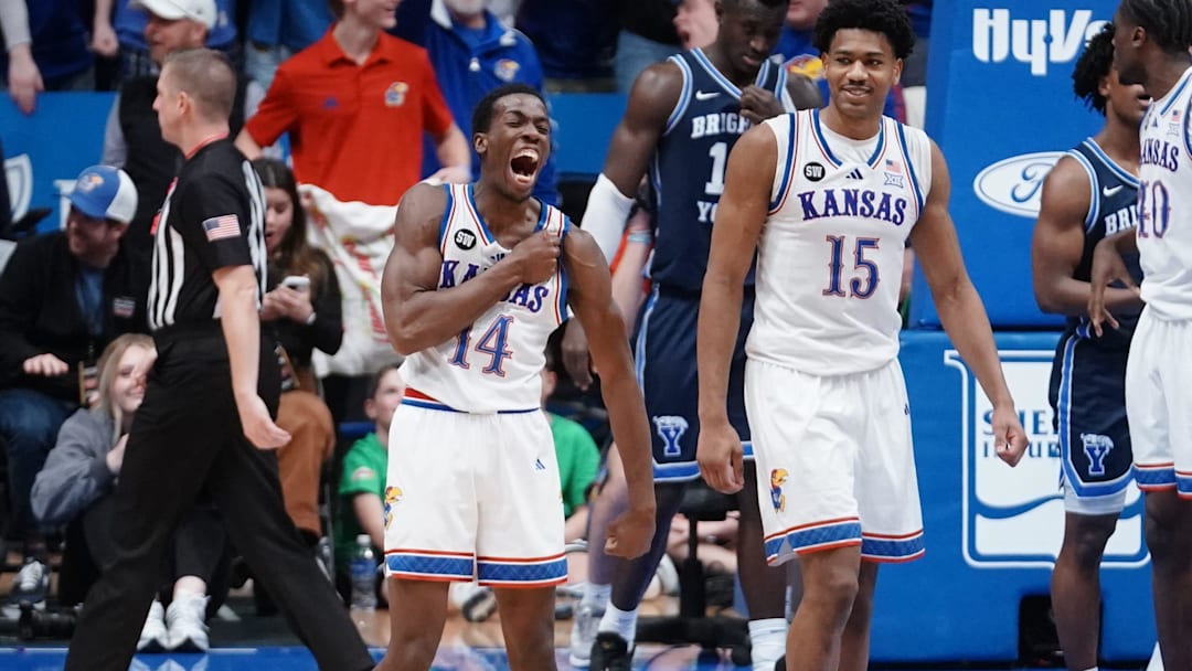 Kansas Jayhawks guard Melvin Council Jr. (14) yells out in the final minute of play during the game against BYU Cougars inside Allen Fieldhouse on Jan. 31, 2026. Kansas Jayhawks guard Melvin Council Jr. (14) yells out in the final minute of play during the game against BYU Cougars inside Allen Fieldhouse on Jan. 31, 2026.