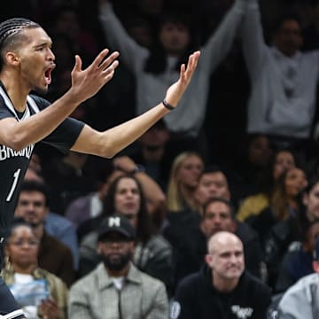 Oct 24, 2025; Brooklyn, New York, USA;  Brooklyn Nets forward Ziaire Williams (1) reacts after a no-call by the officials in the fourth quarter against the Cleveland Cavaliers at Barclays Center. Mandatory Credit: Wendell Cruz-Imagn Images