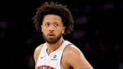 Apr 21, 2025; New York, New York, USA; Detroit Pistons guard Cade Cunningham (2) reacts during the third quarter of game two of the first round of the 2024 NBA Playoffs against the New York Knicks at Madison Square Garden. Mandatory Credit: Brad Penner-Imagn Images