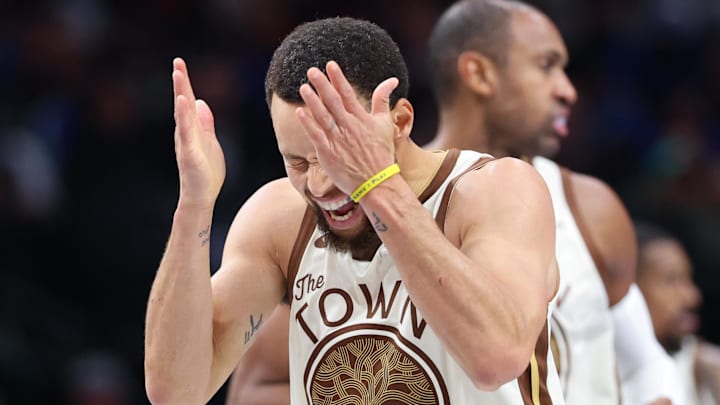 Jan 22, 2026; Dallas, Texas, USA; Golden State Warriors guard Stephen Curry (30) reacts against the Dallas Mavericks during the second half at American Airlines Center. Mandatory Credit: Kevin Jairaj-Imagn Images