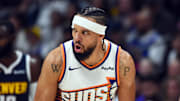 Oct 25, 2025; Denver, Colorado, USA; Phoenix Suns forward Dillon Brooks (3) reacts after making a shot during the first half against the Denver Nuggets at Ball Arena. Mandatory Credit: Christopher Hanewinckel-Imagn Images