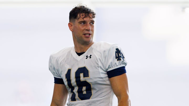 Notre Dame punter James Rendell watches other kickers during a Notre Dame football practice at Irish Athletic Center on Wednesday, July 31, 2024, in South Bend.