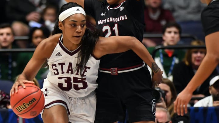 Mississippi State Lady Bulldogs guard Victoria Vivians (35) works against South Carolina Gamecocks forward Mikiah Herbert Harrigan (21) during the second half of the SEC Conference Tournament championship game at Bridgestone Arena. 